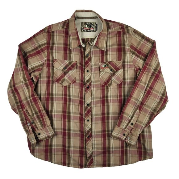 Mossy Oak Mens Western Shirt Pearl Snap Red Tan Plaid XXL Cotton Poly Button Up - Picture 1 of 6